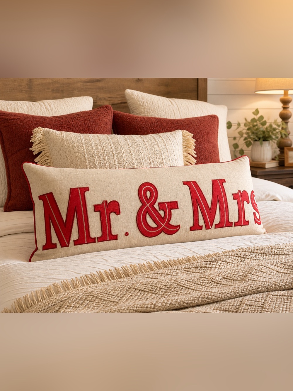 Mr. & Mrs. Embroidered Lumbar Pillow - Red on Cream